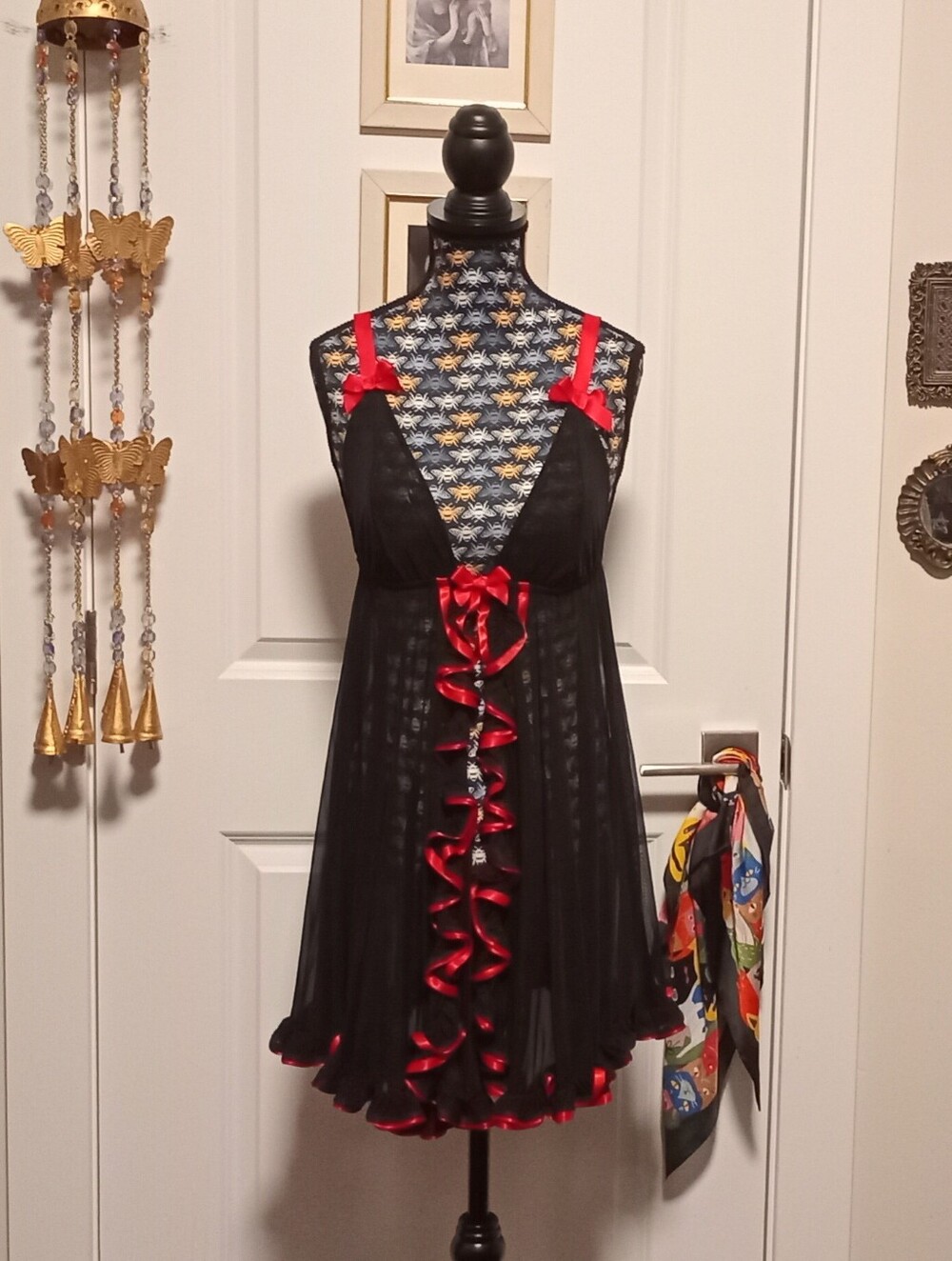Black and red open front La Vie en Rose Lingerie mesh top